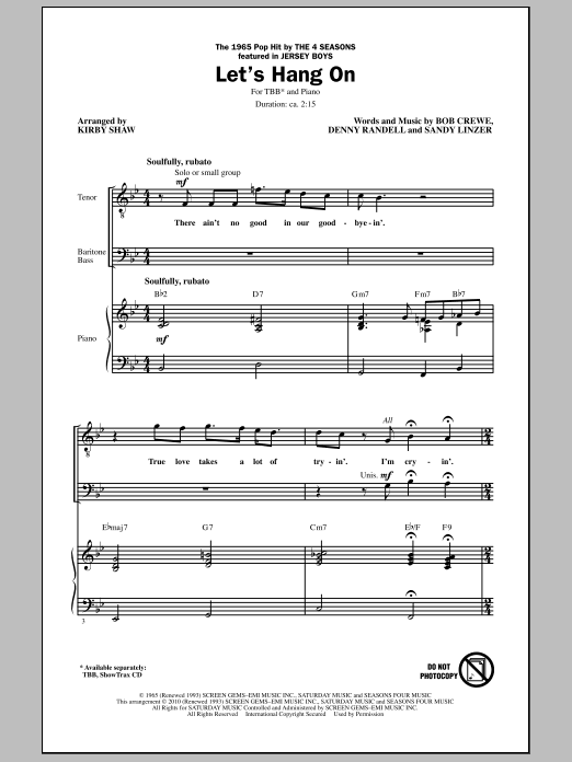 Kirby Shaw Let's Hang On Sheet Music Notes & Chords for TBB - Download or Print PDF