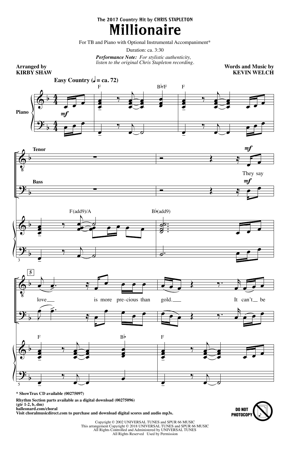 Chris Stapleton Millionaire (arr. Kirby Shaw) Sheet Music Notes & Chords for TB - Download or Print PDF