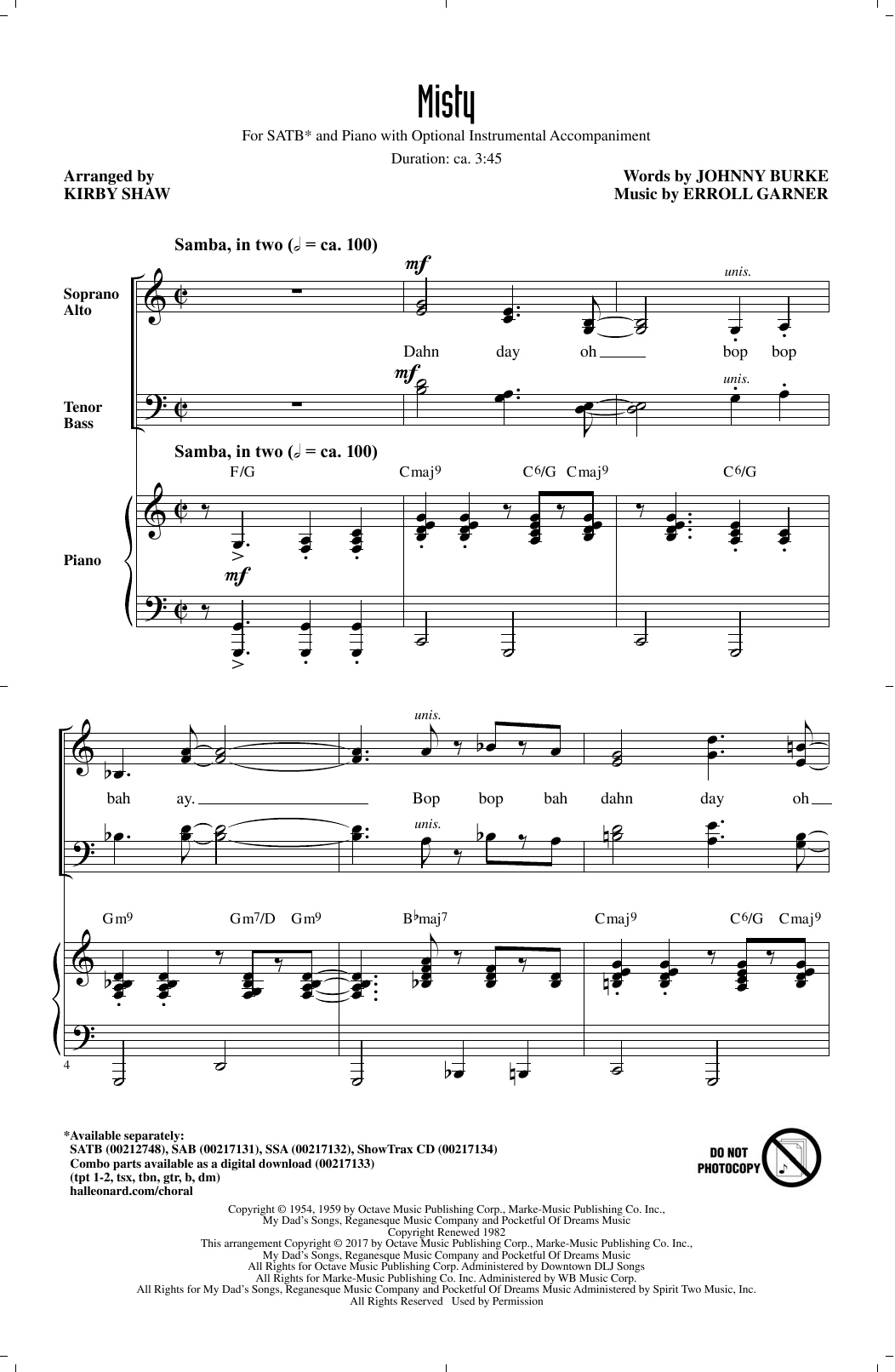 Kirby Shaw Misty Sheet Music Notes & Chords for SAB - Download or Print PDF