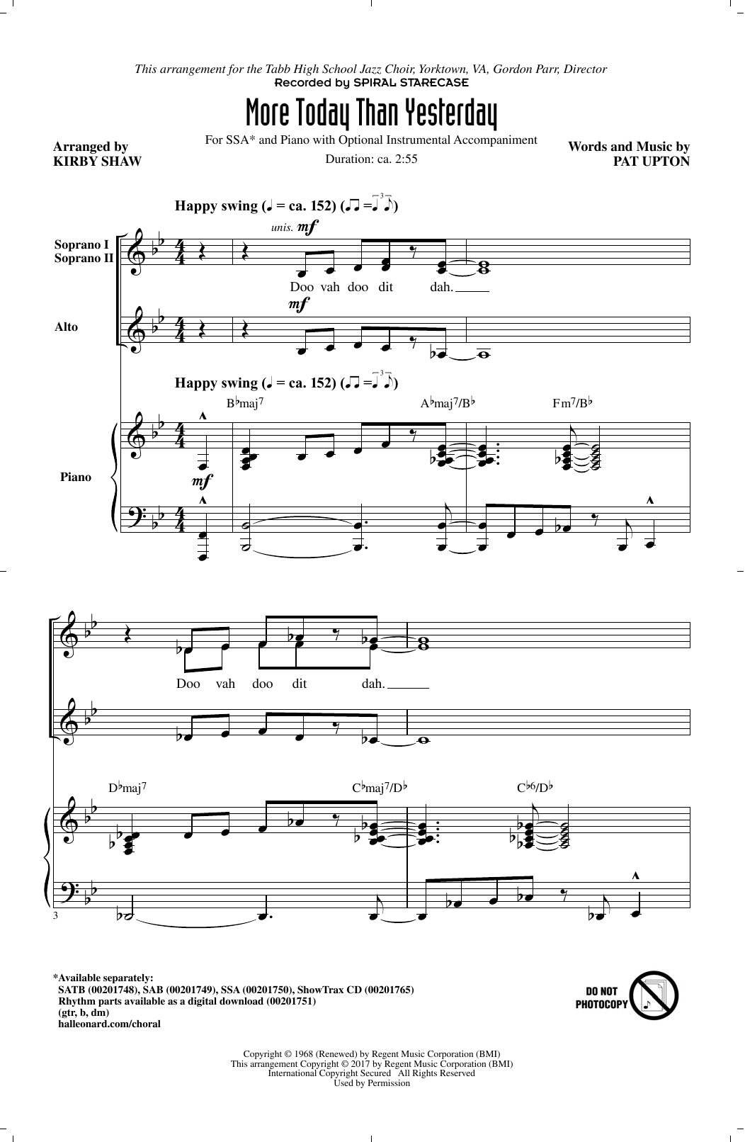 Kirby Shaw More Today Than Yesterday Sheet Music Notes & Chords for SAB - Download or Print PDF