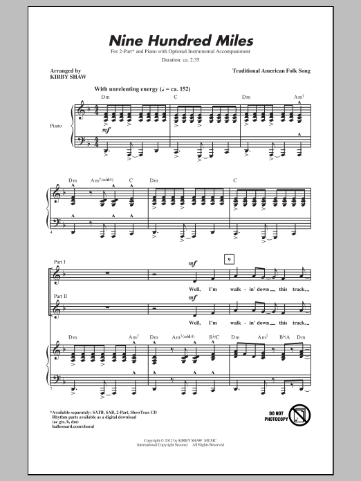 Kirby Shaw Nine Hundred Miles Sheet Music Notes & Chords for 2-Part Choir - Download or Print PDF