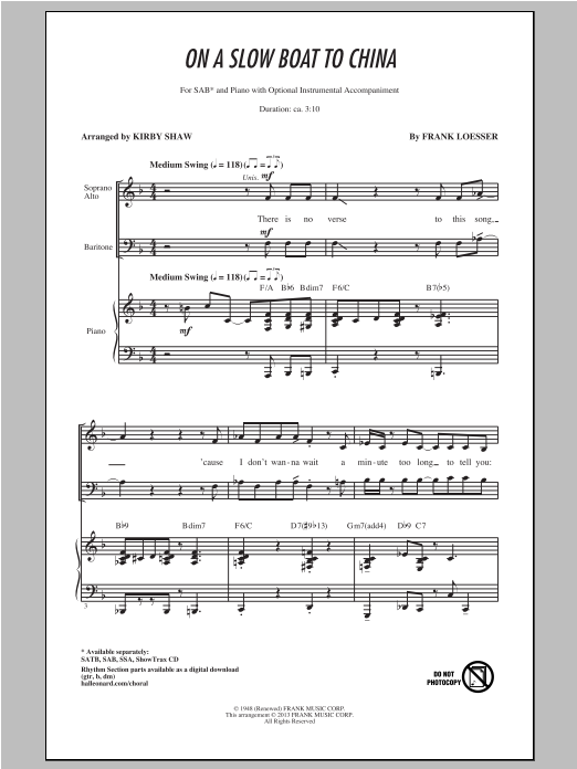 Kirby Shaw On A Slow Boat To China Sheet Music Notes & Chords for SSA - Download or Print PDF