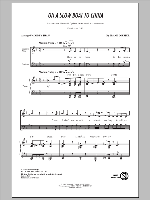 Kirby Shaw On A Slow Boat To China Sheet Music Notes & Chords for SAB - Download or Print PDF