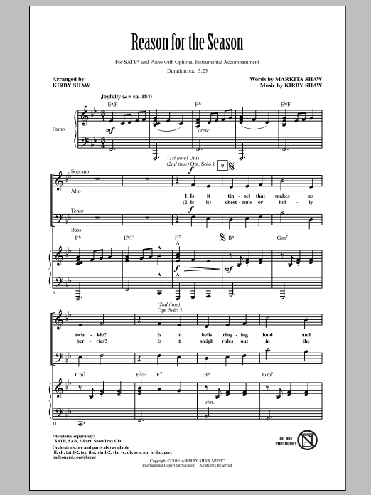 Kirby Shaw Reason For The Season Sheet Music Notes & Chords for 2-Part Choir - Download or Print PDF