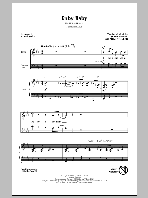 Leiber And Stoller Ruby Baby (arr. Kirby Shaw) Sheet Music Notes & Chords for Choral TBB - Download or Print PDF