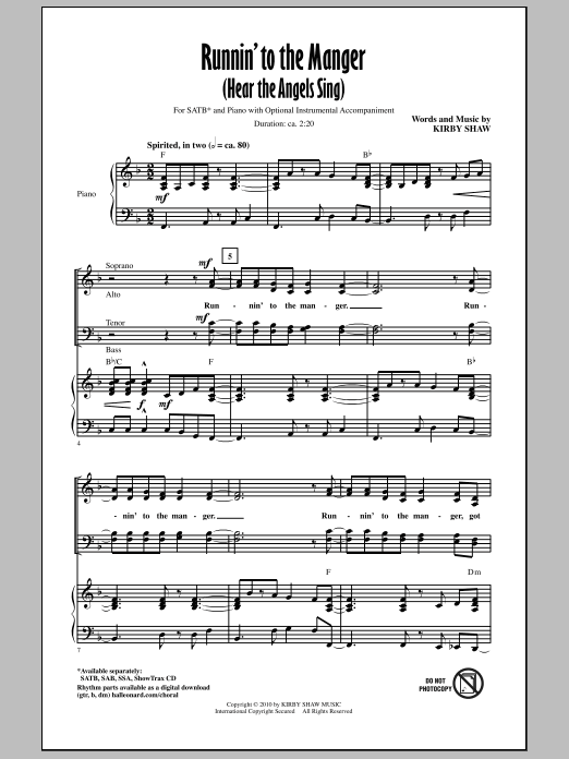 Kirby Shaw Runnin' To The Manger (Hear The Angels Sing) Sheet Music Notes & Chords for SAB - Download or Print PDF