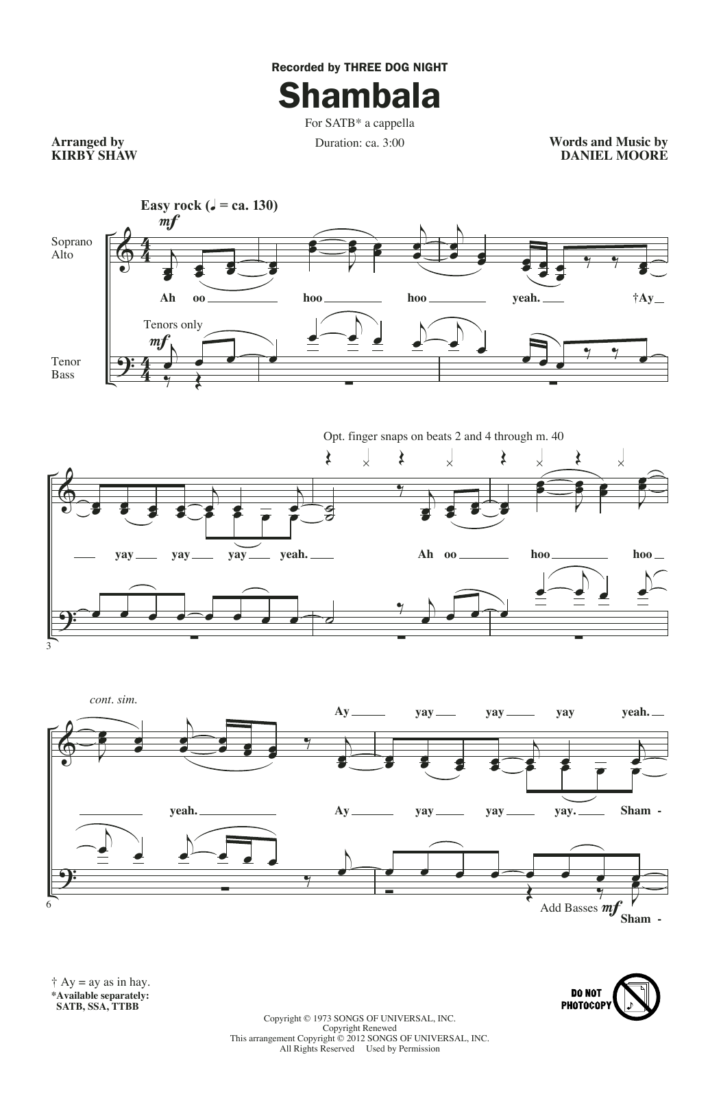 Three Dog Night Shambala (arr. Kirby Shaw) Sheet Music Notes & Chords for TTBB - Download or Print PDF
