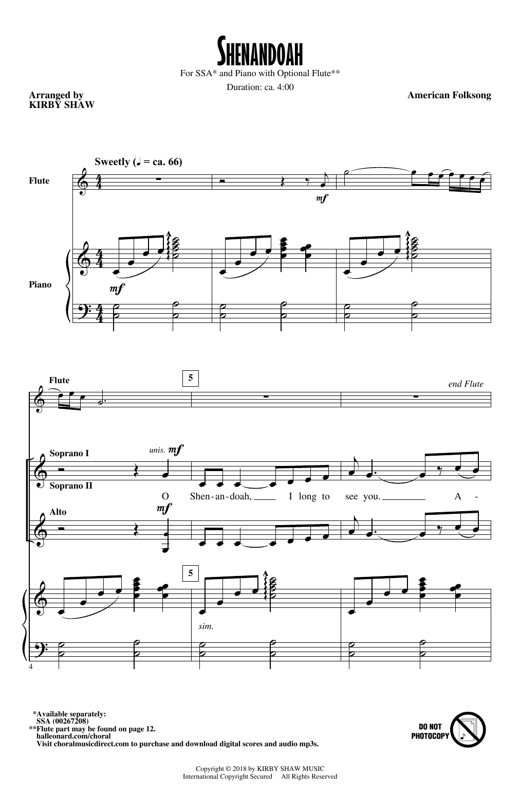 Kirby Shaw Shenandoah Sheet Music Notes & Chords for SSA - Download or Print PDF