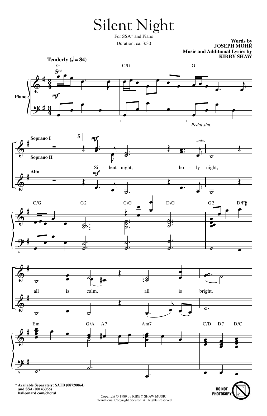 Kirby Shaw Silent Night Sheet Music Notes & Chords for SSA - Download or Print PDF