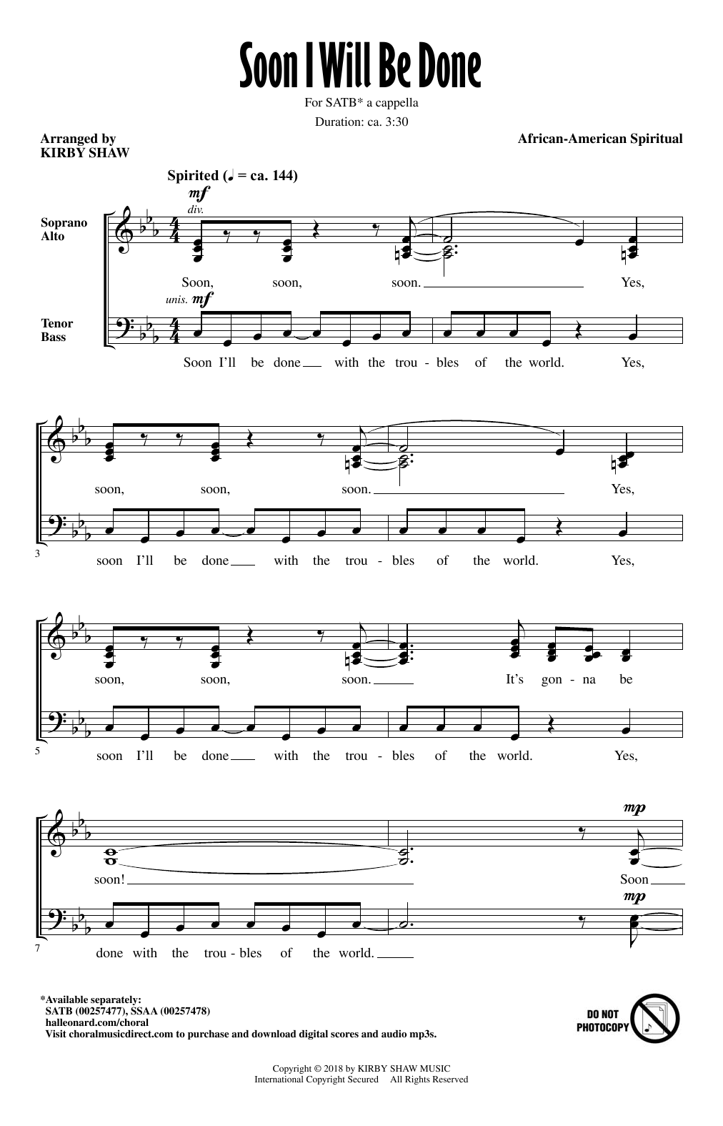 Kirby Shaw Soon I Will Be Done Sheet Music Notes & Chords for SATB - Download or Print PDF