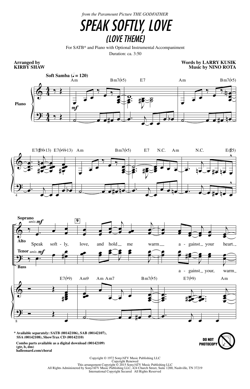 Nino Rota Speak Softly Love (Godfather Theme) (arr. Kirby Shaw) Sheet Music Notes & Chords for SATB - Download or Print PDF