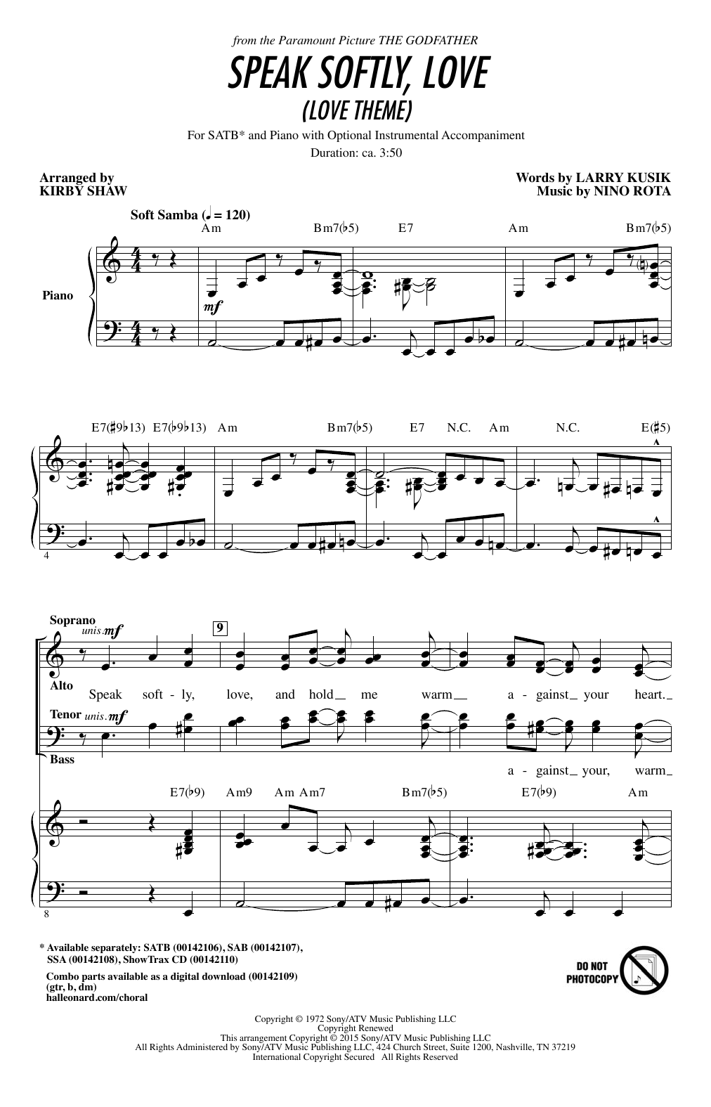 Nino Rota Speak Softly Love (Godfather Theme) (arr. Kirby Shaw) Sheet Music Notes & Chords for SAB - Download or Print PDF