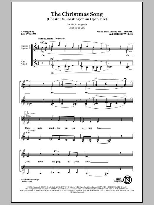 Kirby Shaw The Christmas Song (Chestnuts Roasting On An Open Fire) Sheet Music Notes & Chords for SSAA - Download or Print PDF