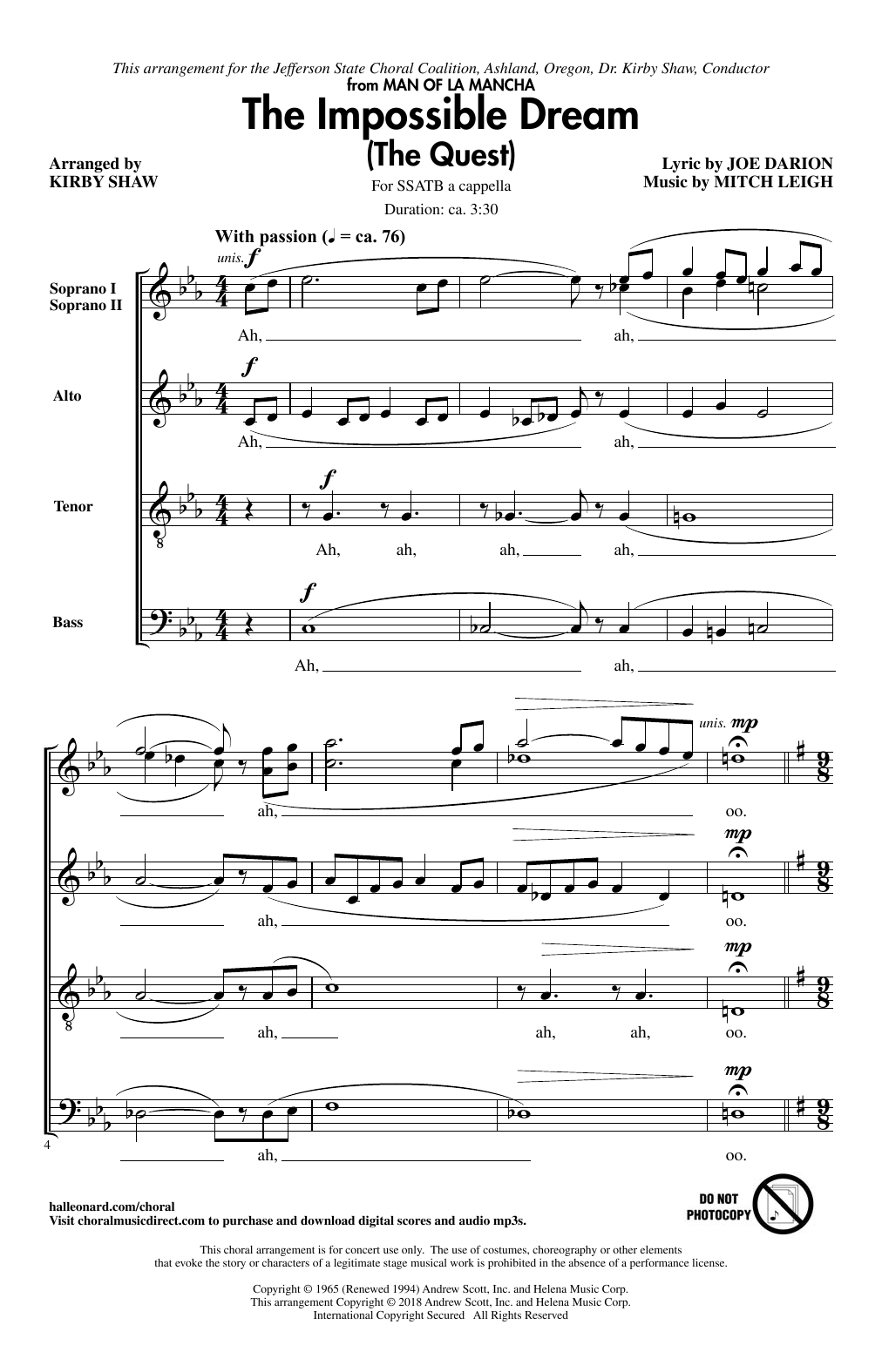 Kirby Shaw The Impossible Dream (The Quest) Sheet Music Notes & Chords for SATB - Download or Print PDF