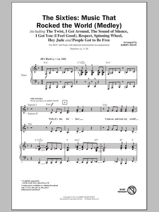 Kirby Shaw The 60s - Music That Rocked The World (Medley) Sheet Music Notes & Chords for SSA - Download or Print PDF