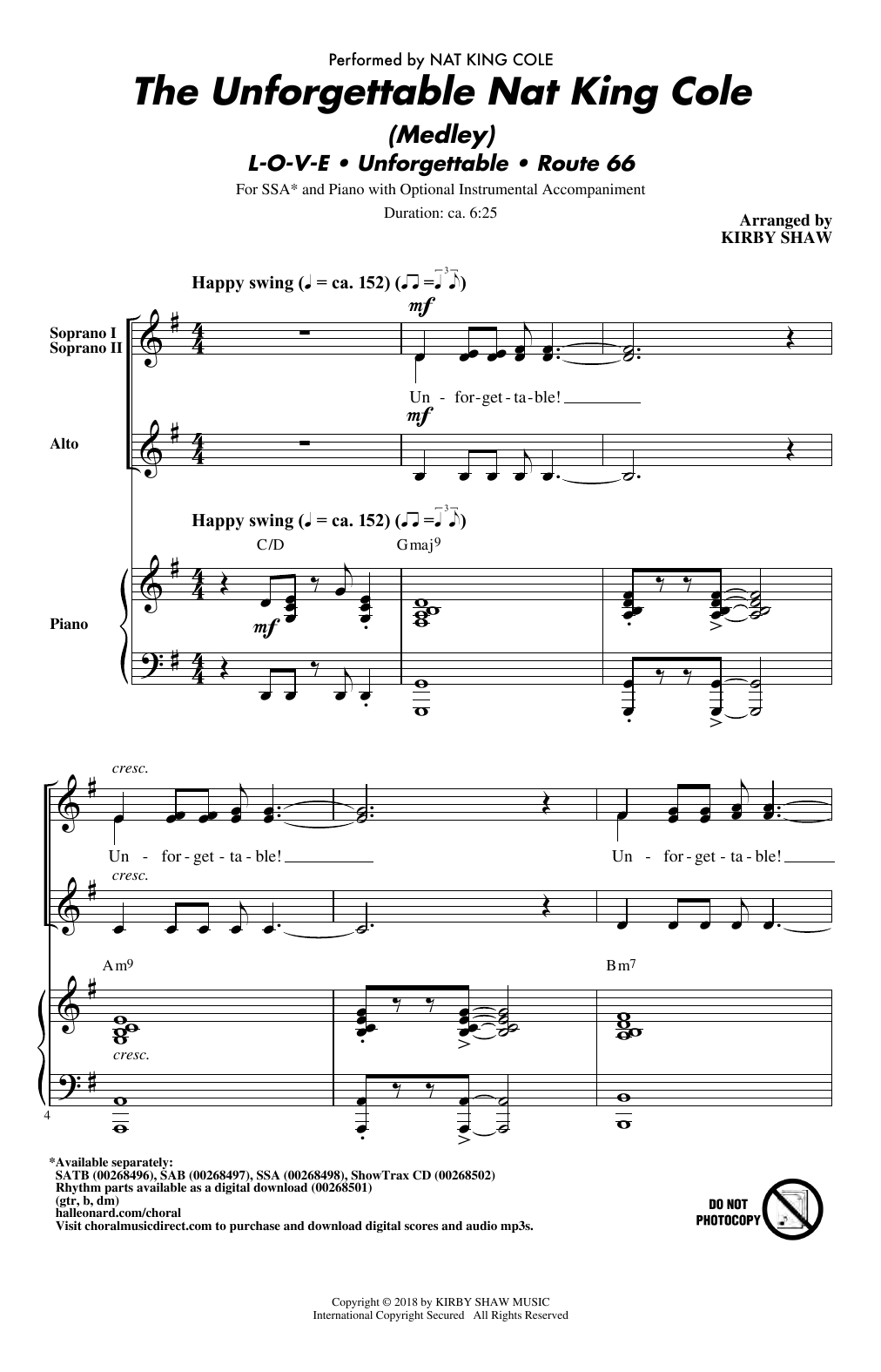 Kirby Shaw The Unforgettable Nat King Cole (Medley) Sheet Music Notes & Chords for SSA - Download or Print PDF