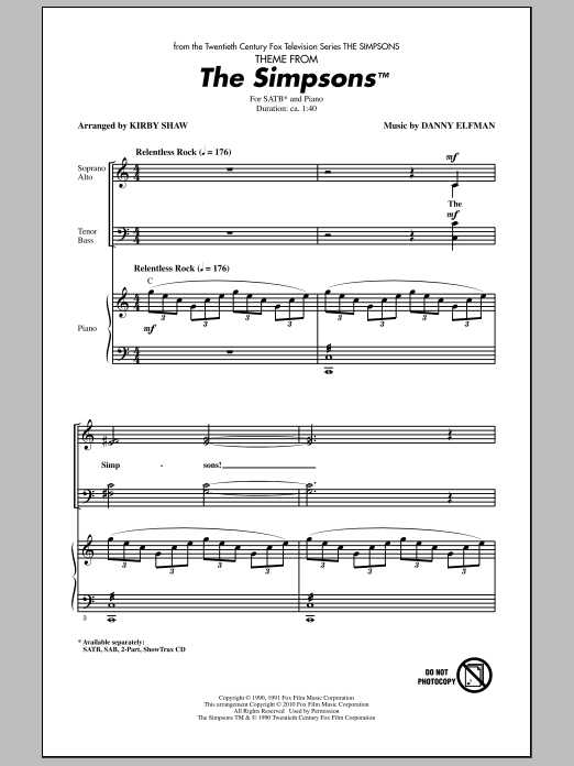 Kirby Shaw Theme From The Simpsons Sheet Music Notes & Chords for 2-Part Choir - Download or Print PDF
