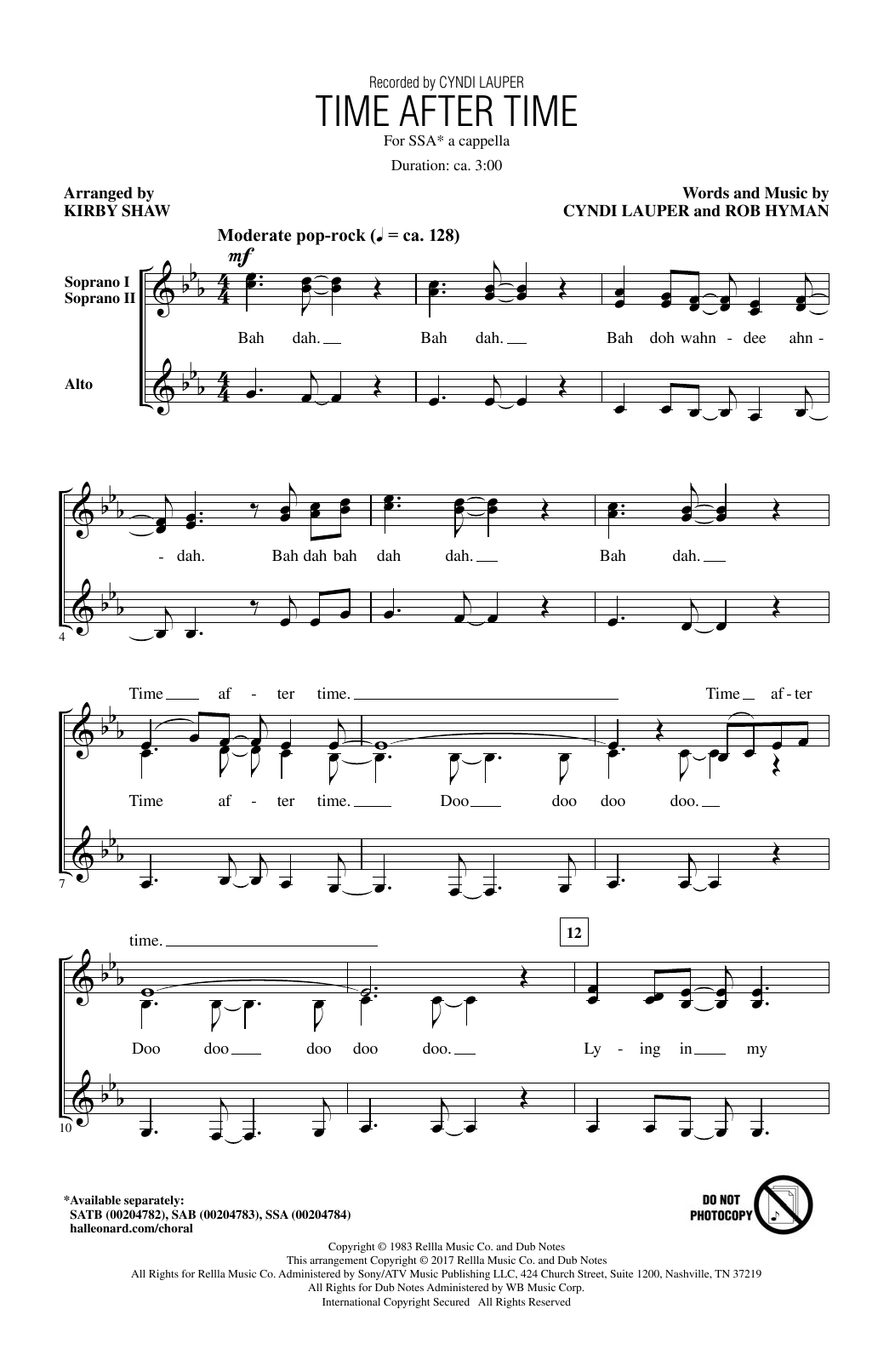Cyndi Lauper Time After Time (arr. Kirby Shaw) Sheet Music Notes & Chords for SSA - Download or Print PDF