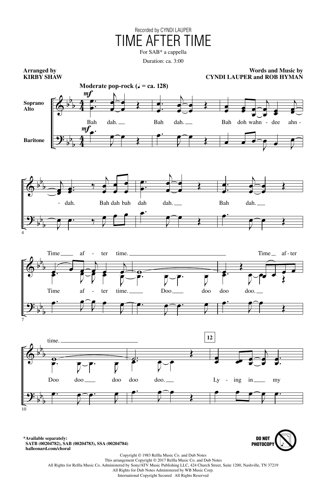 Cyndi Lauper Time After Time (arr. Kirby Shaw) Sheet Music Notes & Chords for SAB - Download or Print PDF