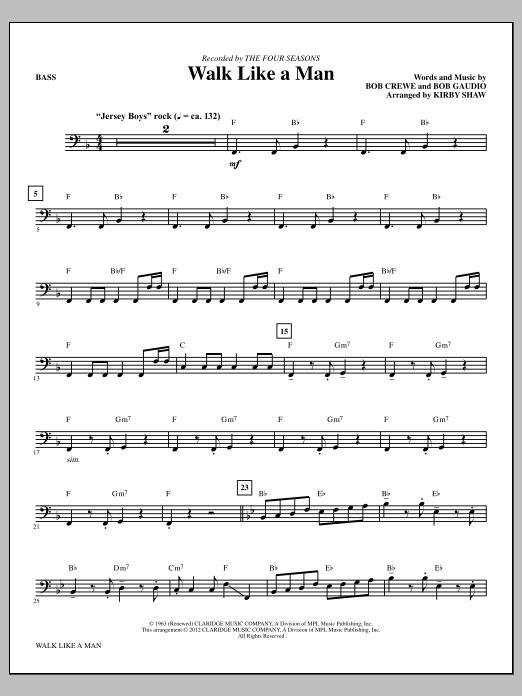 Kirby Shaw Walk Like A Man - Bass Sheet Music Notes & Chords for Choir Instrumental Pak - Download or Print PDF