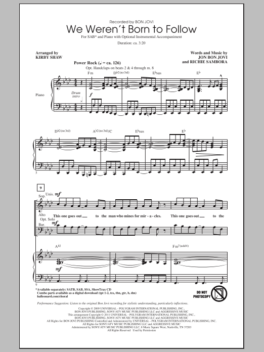 Bon Jovi We Weren't Born To Follow (arr. Kirby Shaw) Sheet Music Notes & Chords for SATB - Download or Print PDF