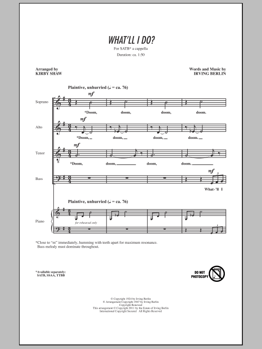 Kirby Shaw What'll I Do Sheet Music Notes & Chords for TTBB - Download or Print PDF