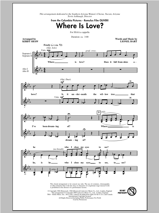 Lionel Bart Where Is Love? (arr. Kirby Shaw) Sheet Music Notes & Chords for SSA - Download or Print PDF