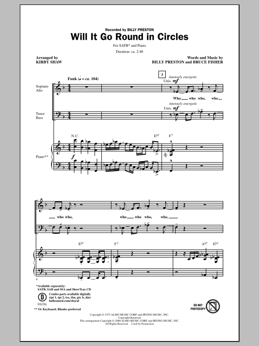 Billy Preston Will It Go Round In Circles (arr. Kirby Shaw) Sheet Music Notes & Chords for SSA - Download or Print PDF