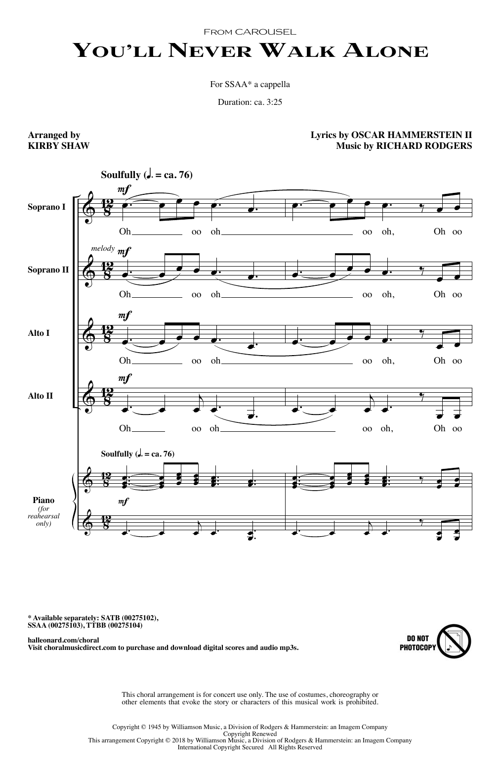 Kirby Shaw You'll Never Walk Alone Sheet Music Notes & Chords for SSA - Download or Print PDF