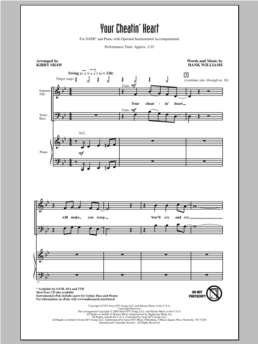 Patsy Cline Your Cheatin' Heart (arr. Kirby Shaw) Sheet Music Notes & Chords for SATB - Download or Print PDF