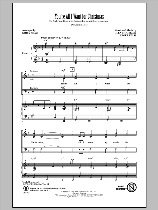 Bing Crosby You're All I Want For Christmas (arr. Kirby Shaw) Sheet Music Notes & Chords for SATB - Download or Print PDF