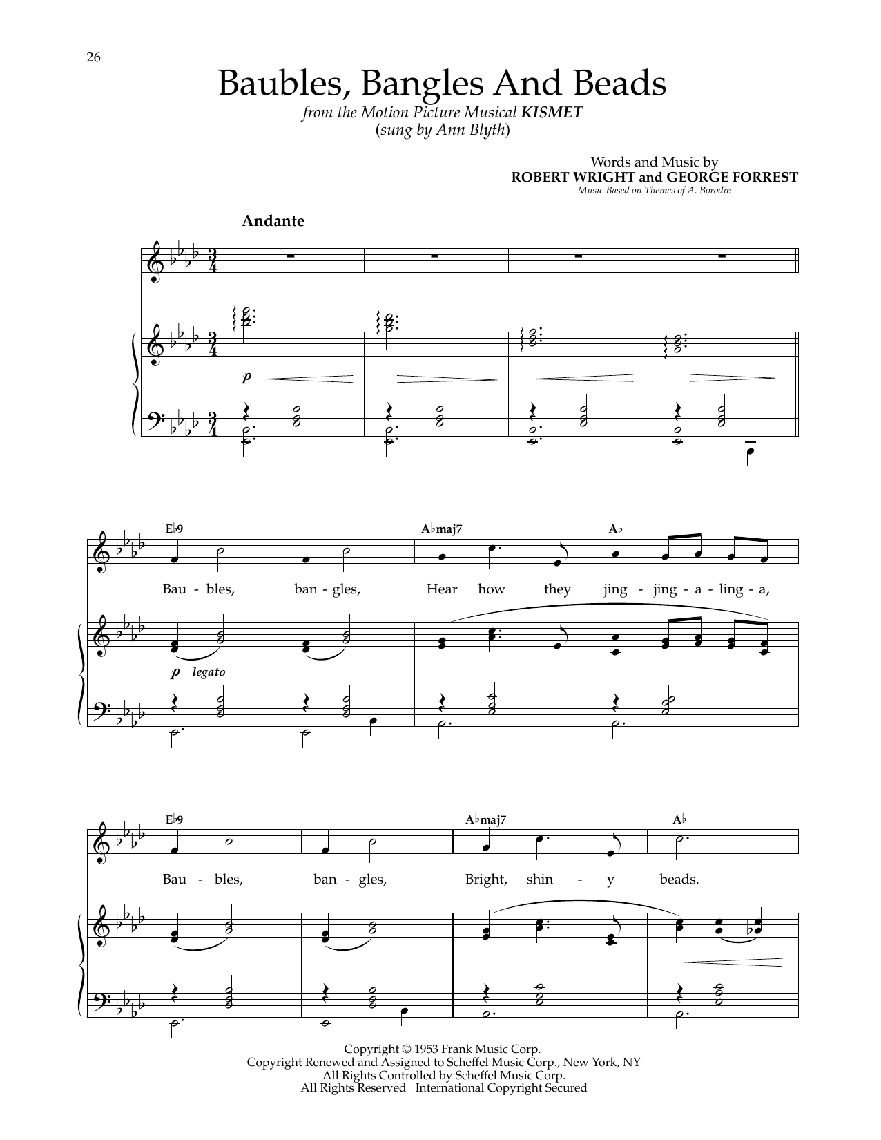 Kirby Stone Four Baubles, Bangles And Beads (from Kismet) Sheet Music Notes & Chords for Piano & Vocal - Download or Print PDF Kirby Stone Four Baubles, Bangles And Beads (from Kismet) Sheet Music Notes & Chords for Piano & Vocal - Download or Print PDF