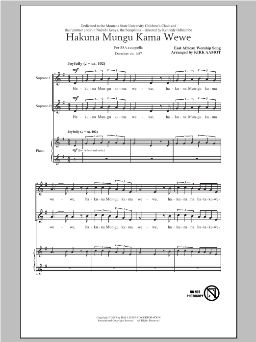 Kirk Aamot Hakuna Mungu Kama Wewe Sheet Music Notes & Chords for SSA - Download or Print PDF