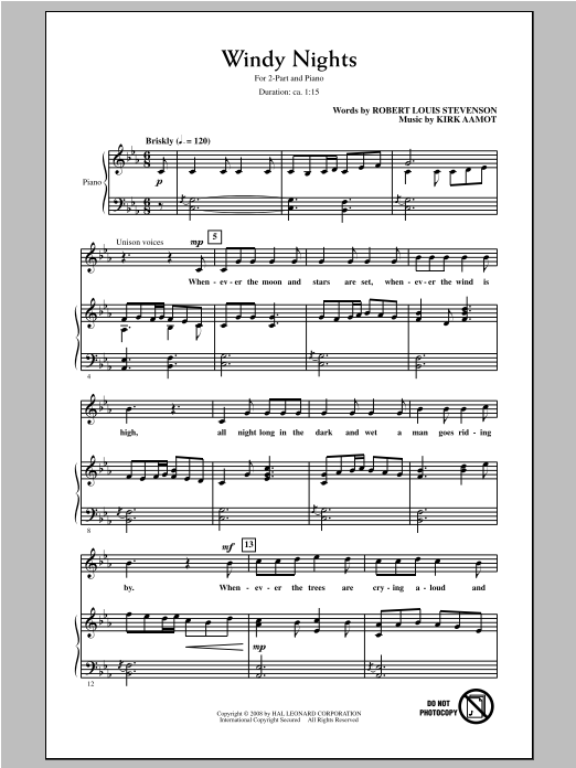 Kirk Aamot Windy Nights Sheet Music Notes & Chords for 2-Part Choir - Download or Print PDF