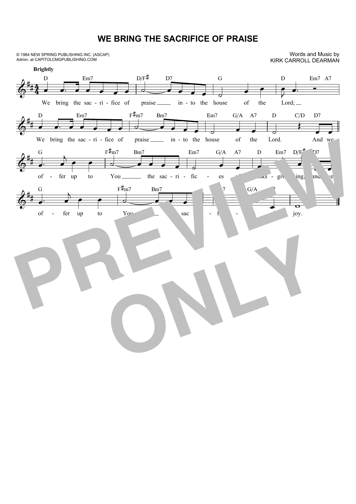 Kirk Carroll Dearman We Bring The Sacrifice Of Praise Sheet Music Notes & Chords for Melody Line, Lyrics & Chords - Download or Print PDF