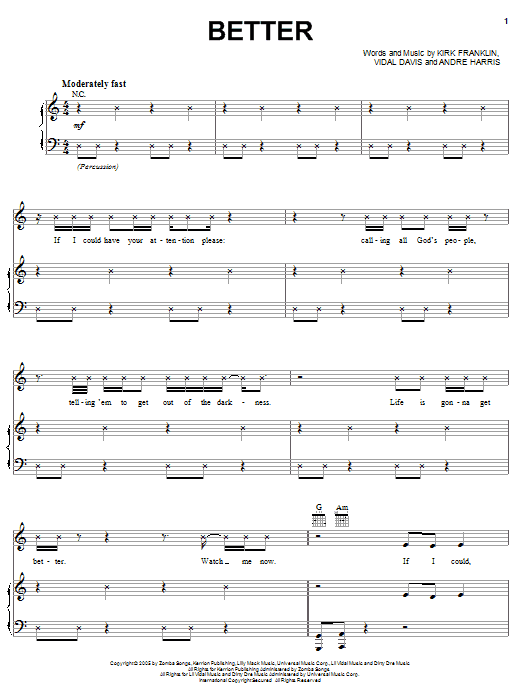 Kirk Franklin Better Sheet Music Notes & Chords for Piano, Vocal & Guitar (Right-Hand Melody) - Download or Print PDF