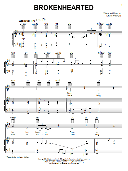 Kirk Franklin Brokenhearted Sheet Music Notes & Chords for Piano, Vocal & Guitar (Right-Hand Melody) - Download or Print PDF