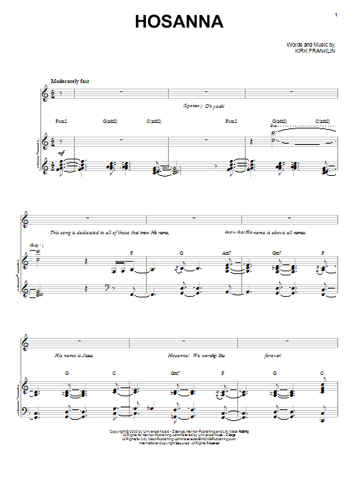 Kirk Franklin Hosanna Sheet Music Notes & Chords for Piano, Vocal & Guitar (Right-Hand Melody) - Download or Print PDF