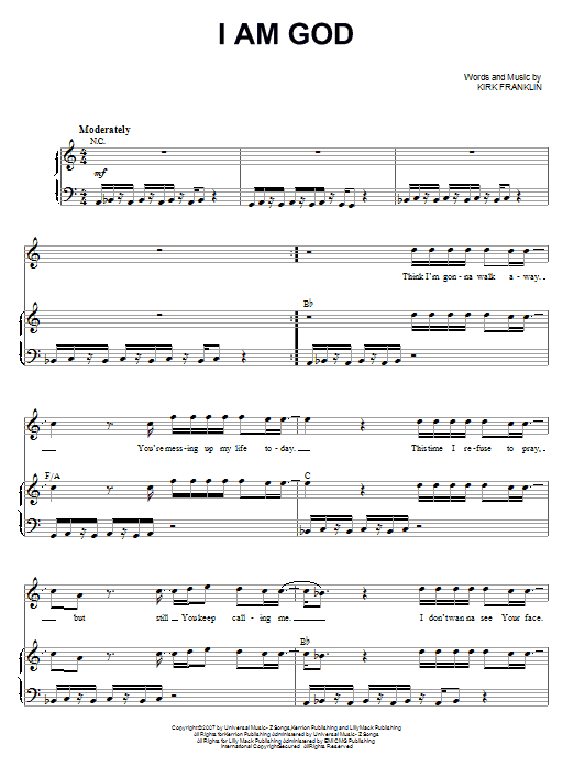 Kirk Franklin I Am God Sheet Music Notes & Chords for Piano, Vocal & Guitar (Right-Hand Melody) - Download or Print PDF