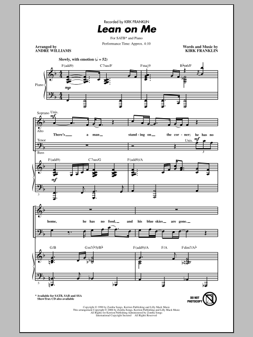 Kirk Franklin Lean On Me (arr. Andre Williams) Sheet Music Notes & Chords for SATB - Download or Print PDF