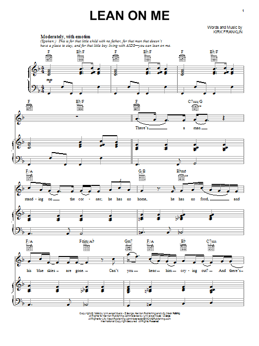 Kirk Franklin Lean On Me Sheet Music Notes & Chords for Piano, Vocal & Guitar (Right-Hand Melody) - Download or Print PDF Kirk Franklin Lean On Me Sheet Music Notes & Chords for Piano, Vocal & Guitar (Right-Hand Melody) - Download or Print PDF