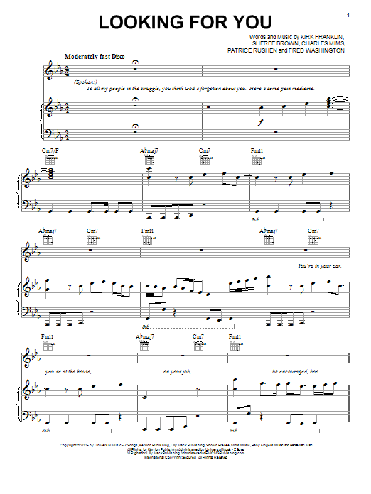 Kirk Franklin Looking For You Sheet Music Notes & Chords for Piano, Vocal & Guitar (Right-Hand Melody) - Download or Print PDF