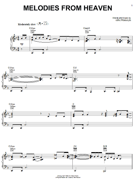 Kirk Franklin Melodies From Heaven Sheet Music Notes & Chords for Piano, Vocal & Guitar (Right-Hand Melody) - Download or Print PDF Kirk Franklin Melodies From Heaven Sheet Music Notes & Chords for Piano, Vocal & Guitar (Right-Hand Melody) - Download or Print PDF