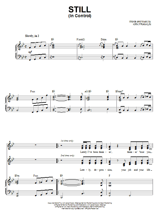 Kirk Franklin Still (In Control) Sheet Music Notes & Chords for Piano, Vocal & Guitar (Right-Hand Melody) - Download or Print PDF