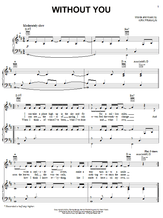 Kirk Franklin Without You Sheet Music Notes & Chords for Piano, Vocal & Guitar (Right-Hand Melody) - Download or Print PDF