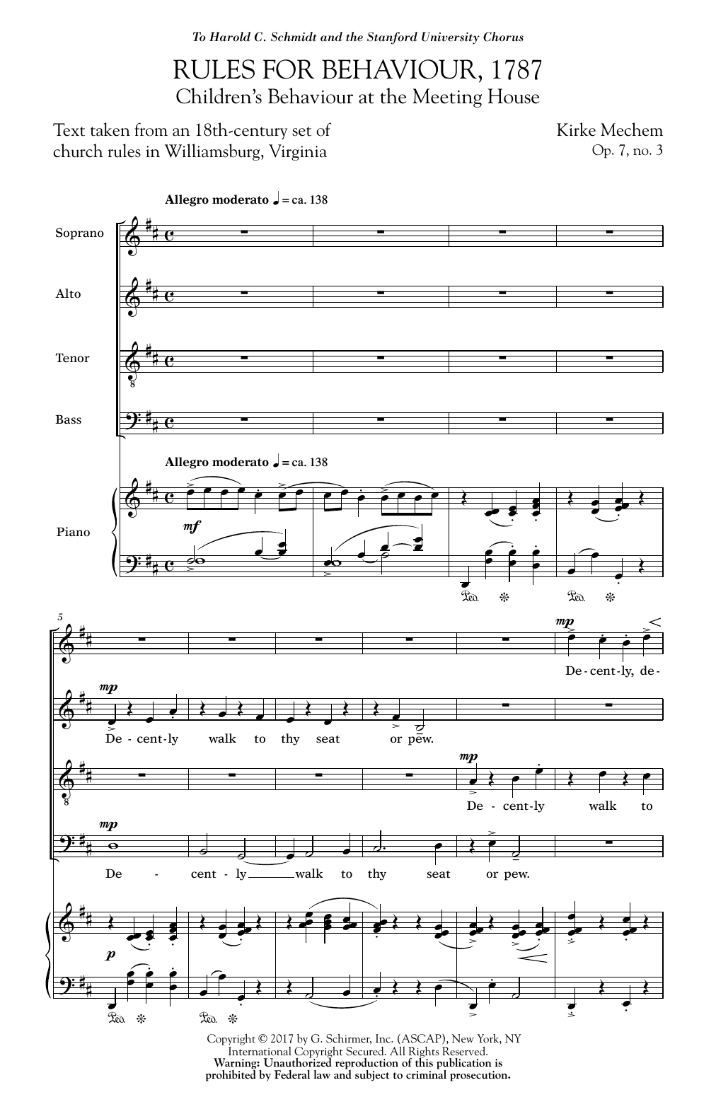 Kirke Mechem Rules For Behaviour, 1787 Sheet Music Notes & Chords for SATB - Download or Print PDF