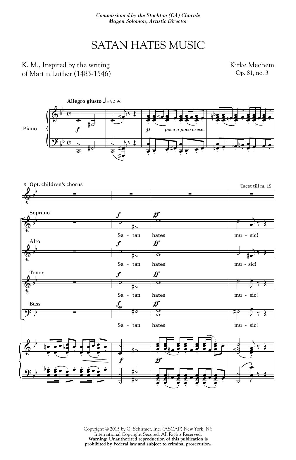 Kirke Mechem Satan Hates Music Sheet Music Notes & Chords for SATB - Download or Print PDF