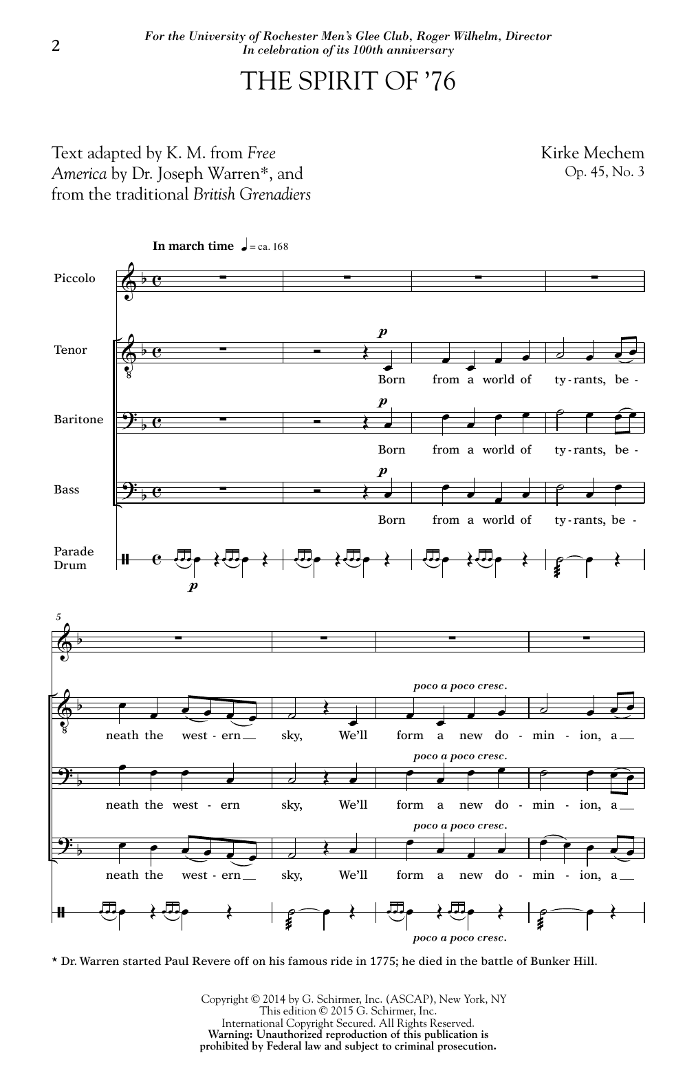 Kirke Mechem The Spirit of '76 Sheet Music Notes & Chords for TBB - Download or Print PDF