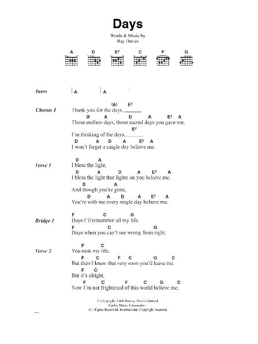 Kirsty MacColl Days Sheet Music Notes & Chords for Guitar Chords/Lyrics - Download or Print PDF