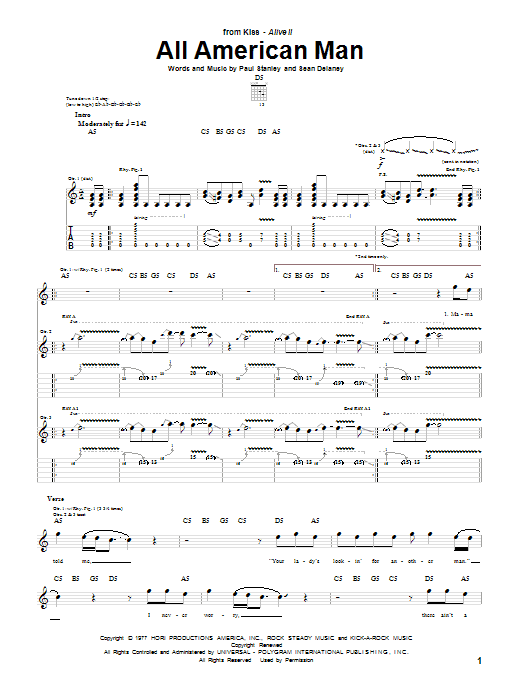 KISS All American Man Sheet Music Notes & Chords for Guitar Tab - Download or Print PDF